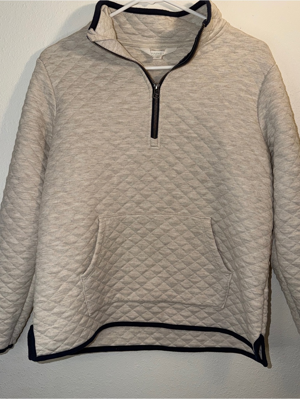 Market & Spruce Quilted Half-Zip Pullover Sweatshirt Beige Navy Trim Sz M